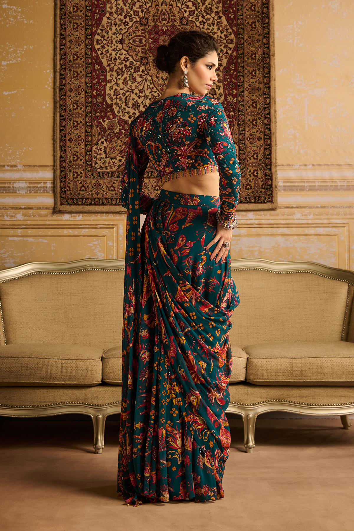 Teal embroidered Blouse with panel skirt saree