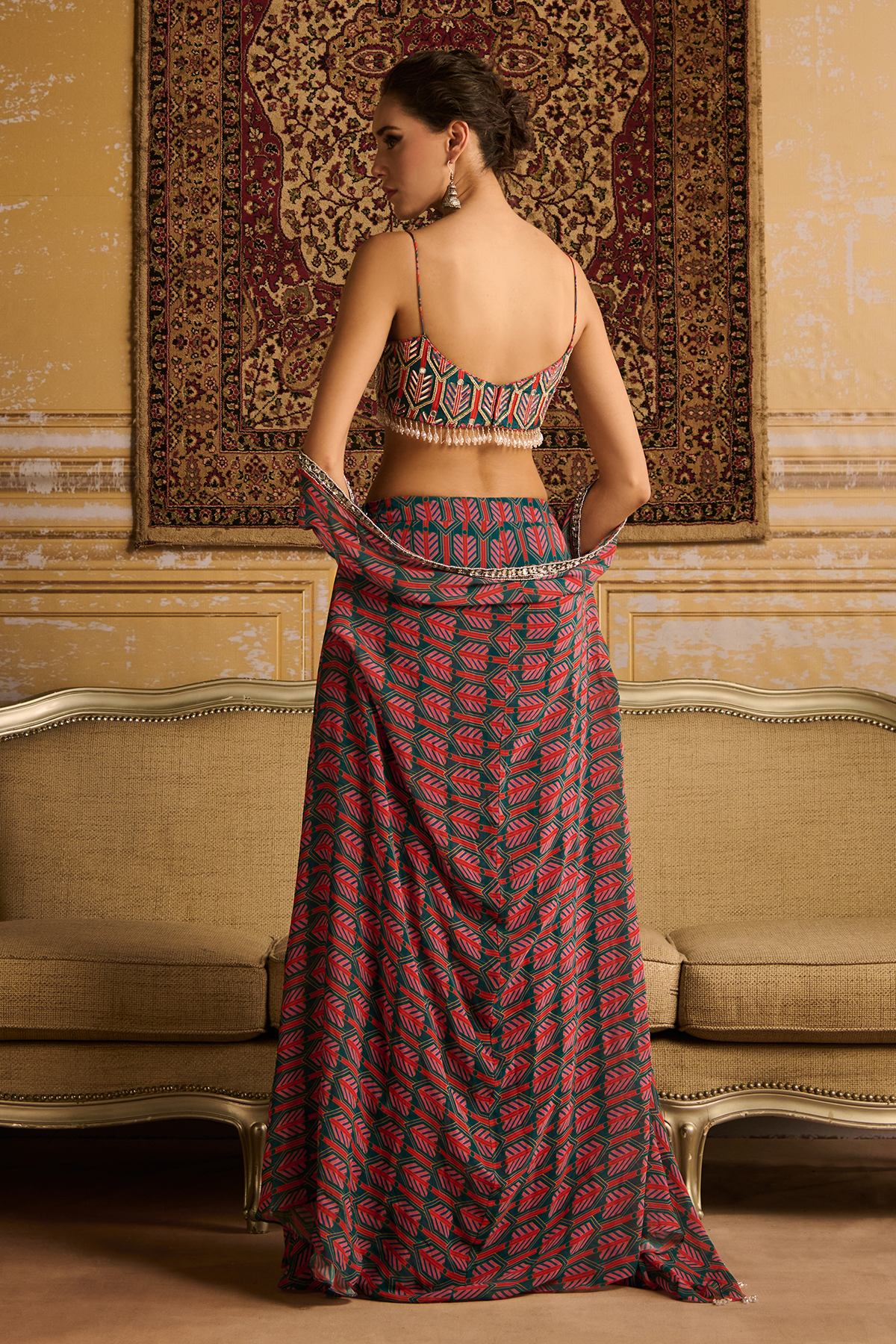 Teal embroidered blouse with cape set