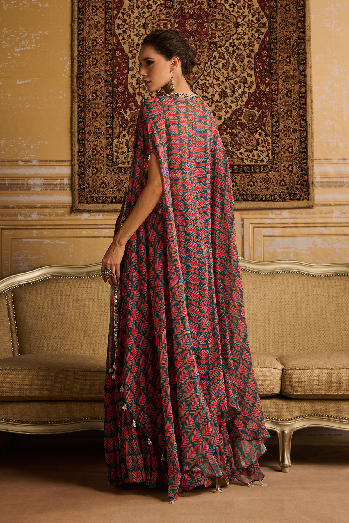 Teal embroidered blouse with cape set