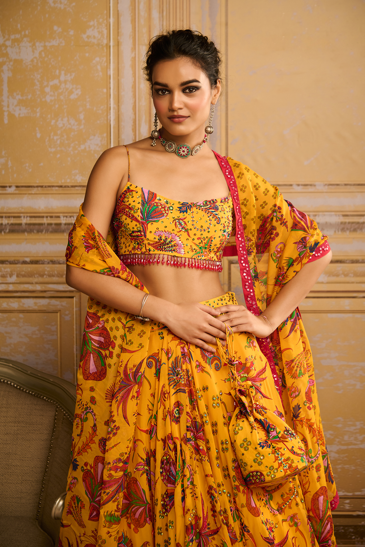 Yellow highlighted blouse and highlighted lehenga set