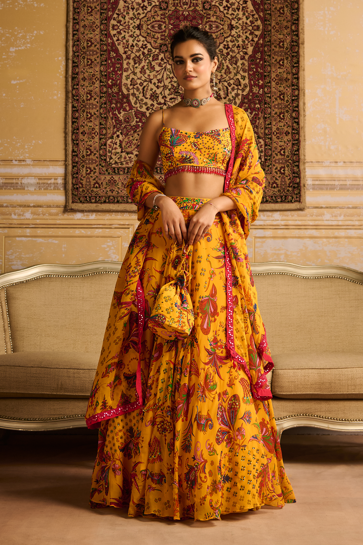 Yellow highlighted blouse and highlighted lehenga set