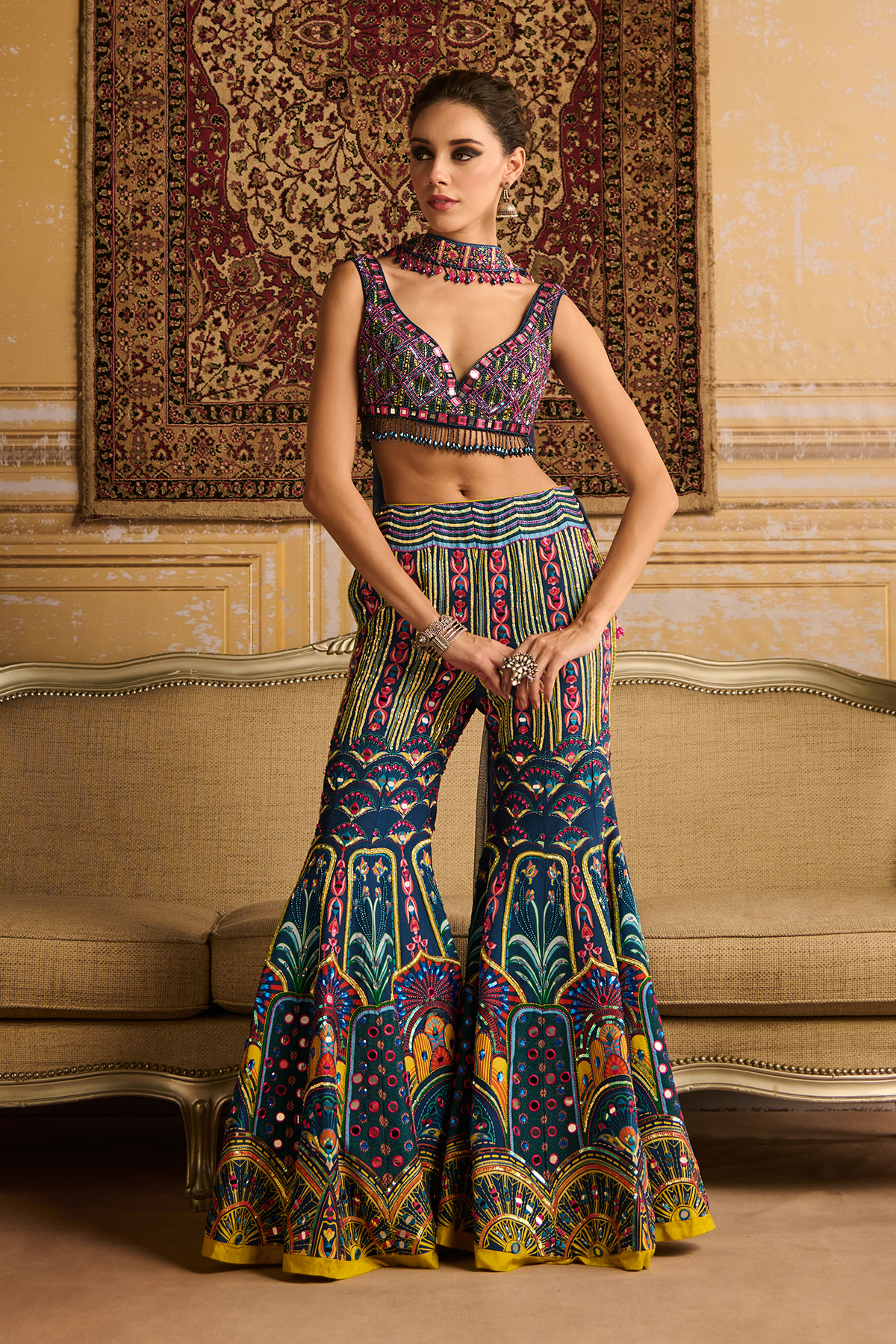 Teal embroidered blouse and Sharara set