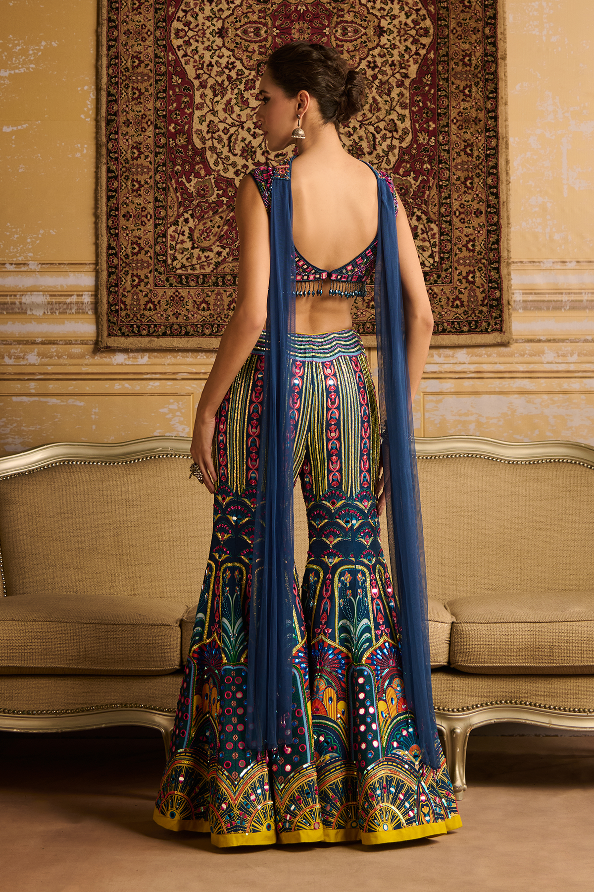 Teal embroidered blouse and Sharara set