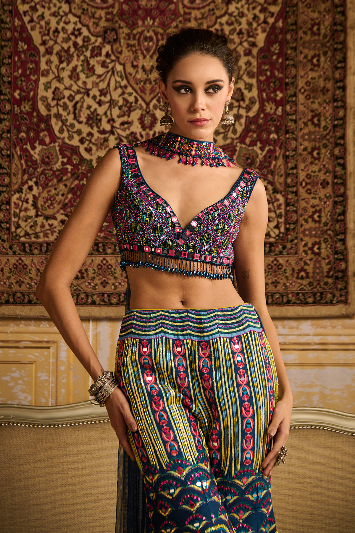 Teal embroidered blouse and Sharara set