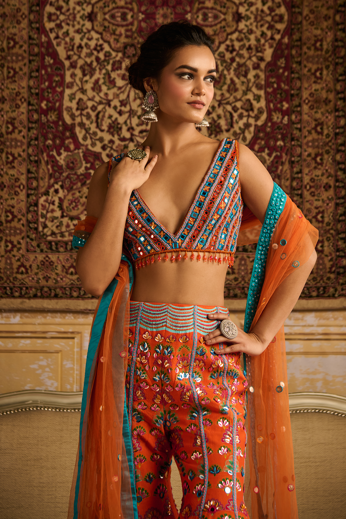 Orange embroidered blouse and Sharara set