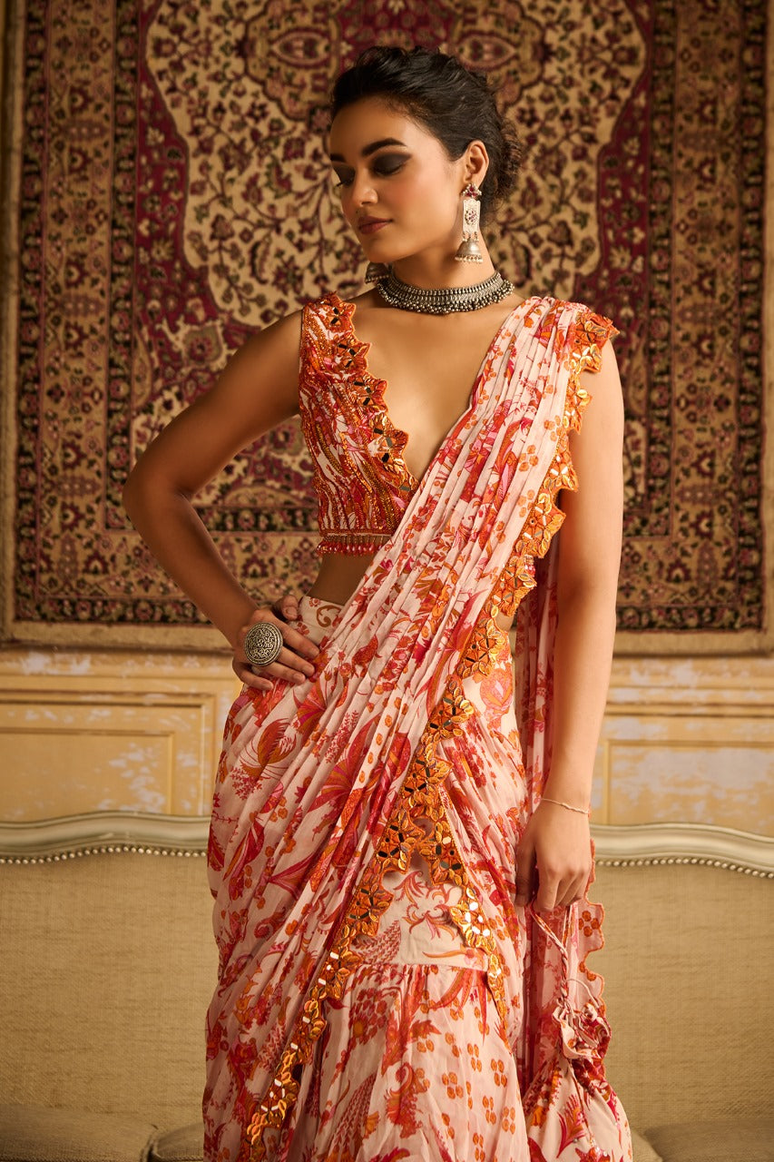 Orange print & embroidered blouse and skirt saree set