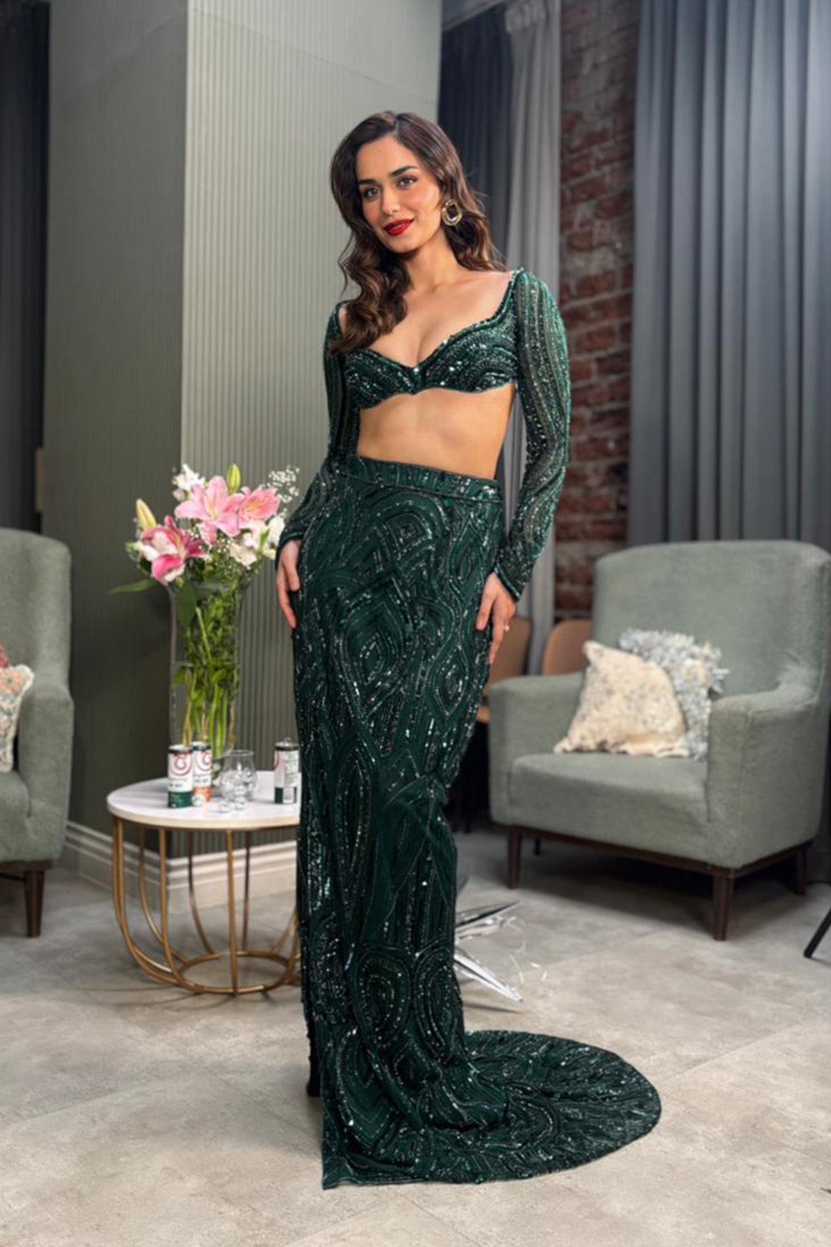 Manushi Chillar In Emerald Green Embellished Slit Skirt Set