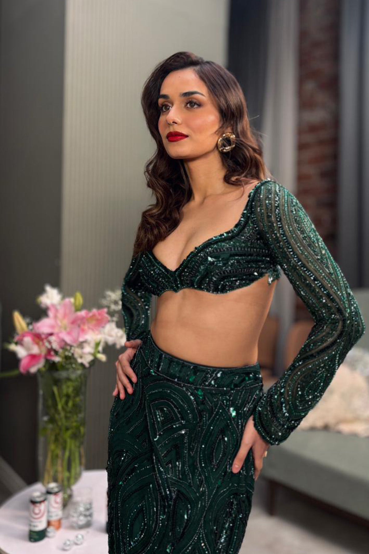 Manushi Chillar In Emerald Green Embellished Slit Skirt Set