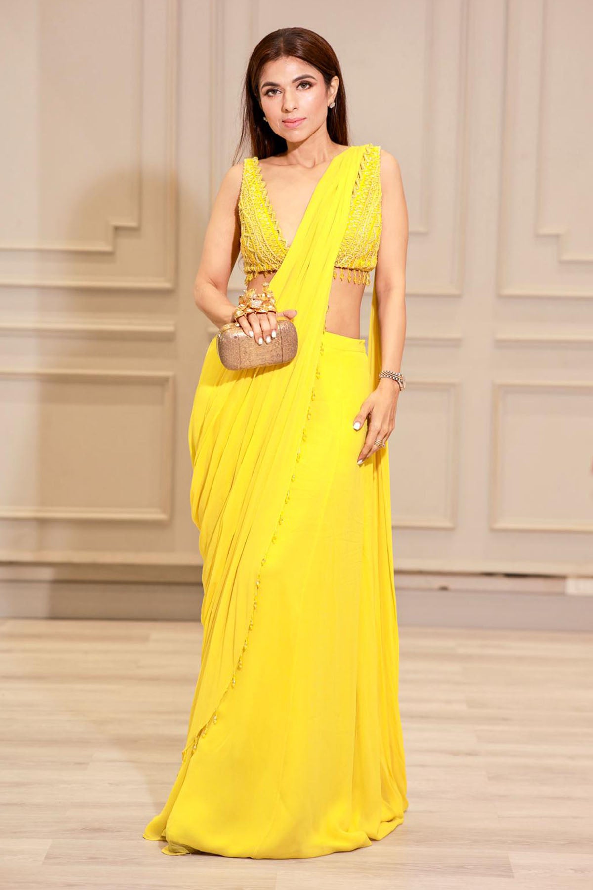 ISHNA BATRA IN YELLOW EMBROIDERED PANT SAREE SET