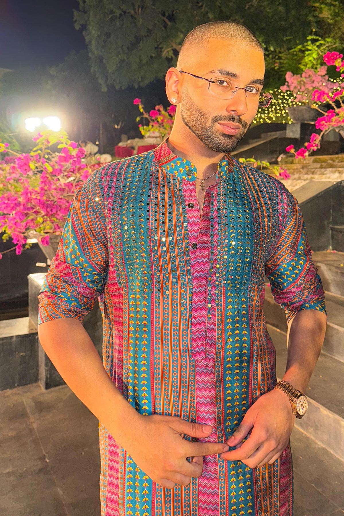 ORRY IN TEAL FUSCHIA STRIPE PRINT & EMBELLISHED KURTA WITH SOLID TEAL PANTS