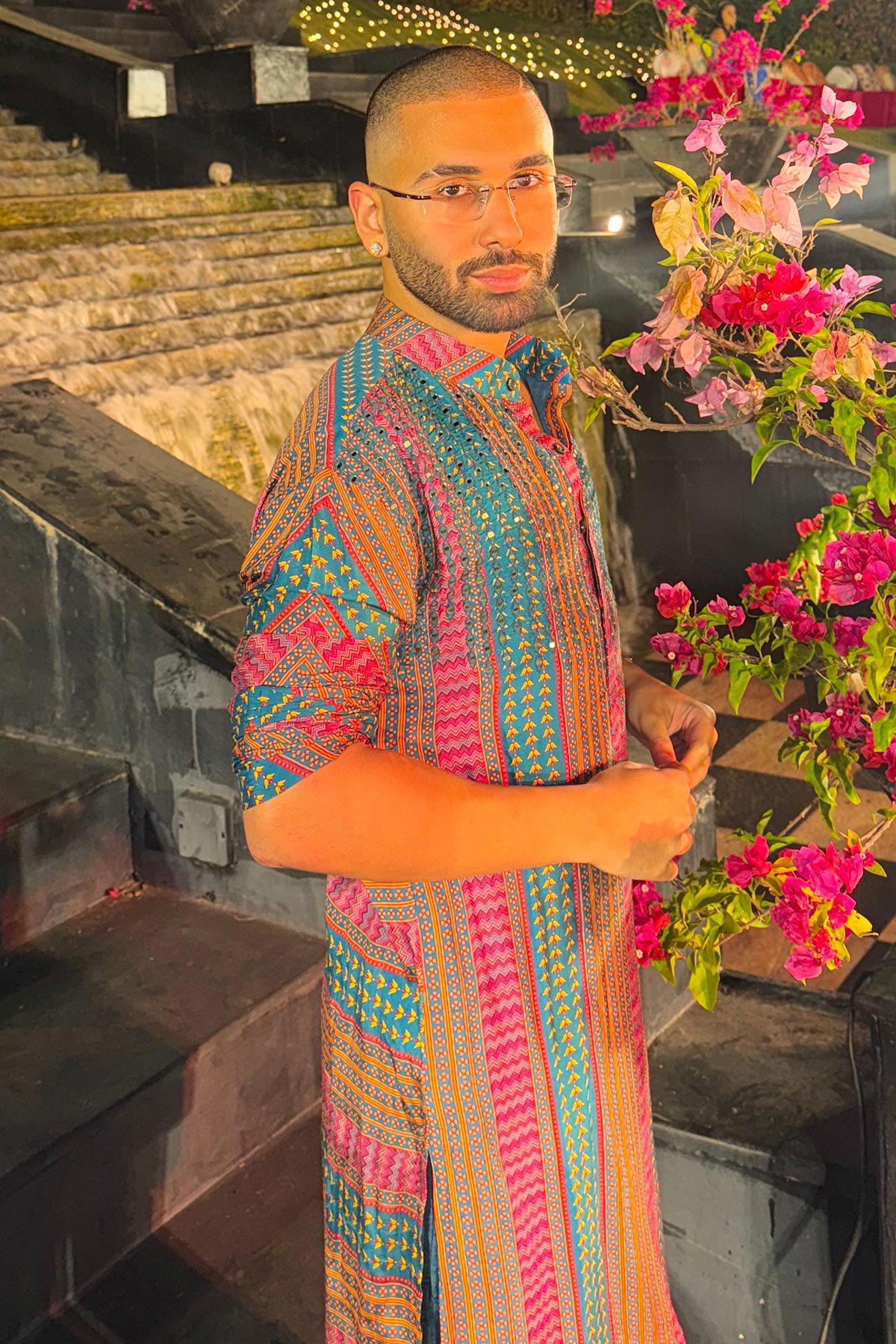 ORRY IN TEAL FUSCHIA STRIPE PRINT & EMBELLISHED KURTA WITH SOLID TEAL PANTS