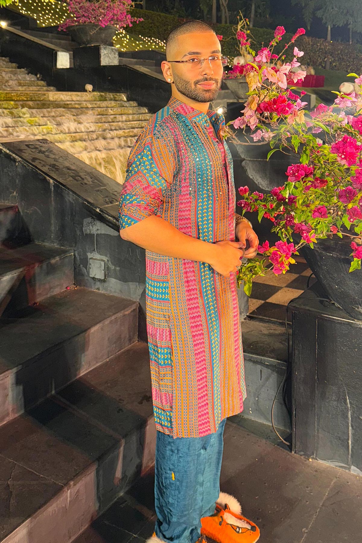ORRY IN TEAL FUSCHIA STRIPE PRINT & EMBELLISHED KURTA WITH SOLID TEAL PANTS