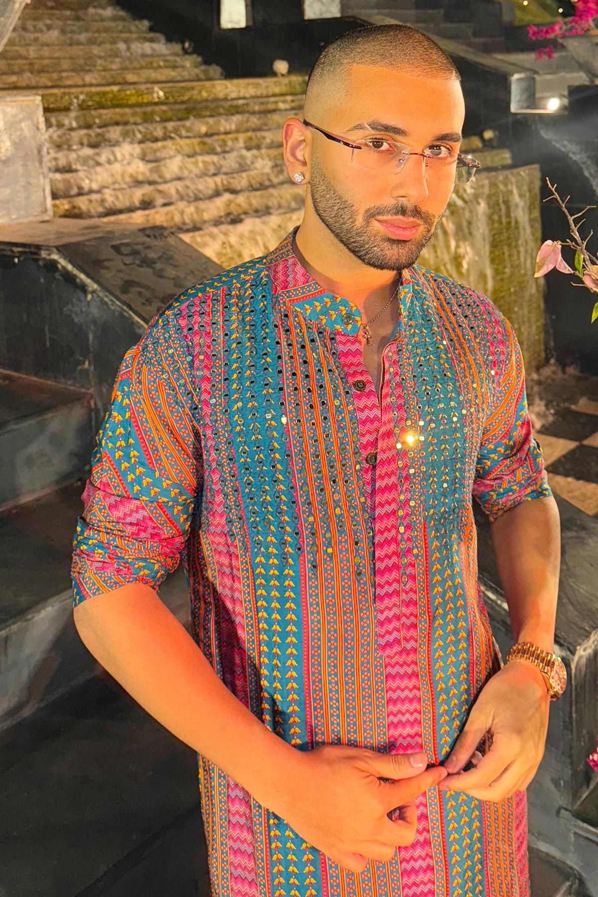 ORRY IN TEAL FUSCHIA STRIPE PRINT & EMBELLISHED KURTA WITH SOLID TEAL PANTS