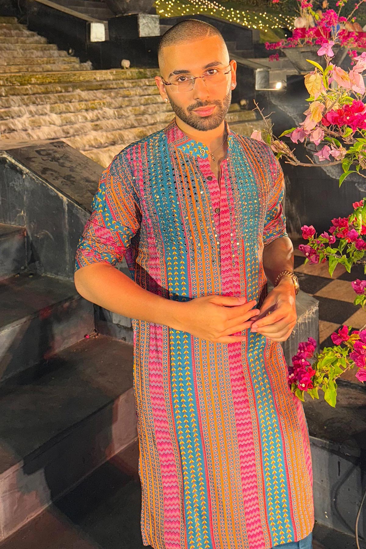 ORRY IN TEAL FUSCHIA STRIPE PRINT & EMBELLISHED KURTA WITH SOLID TEAL PANTS