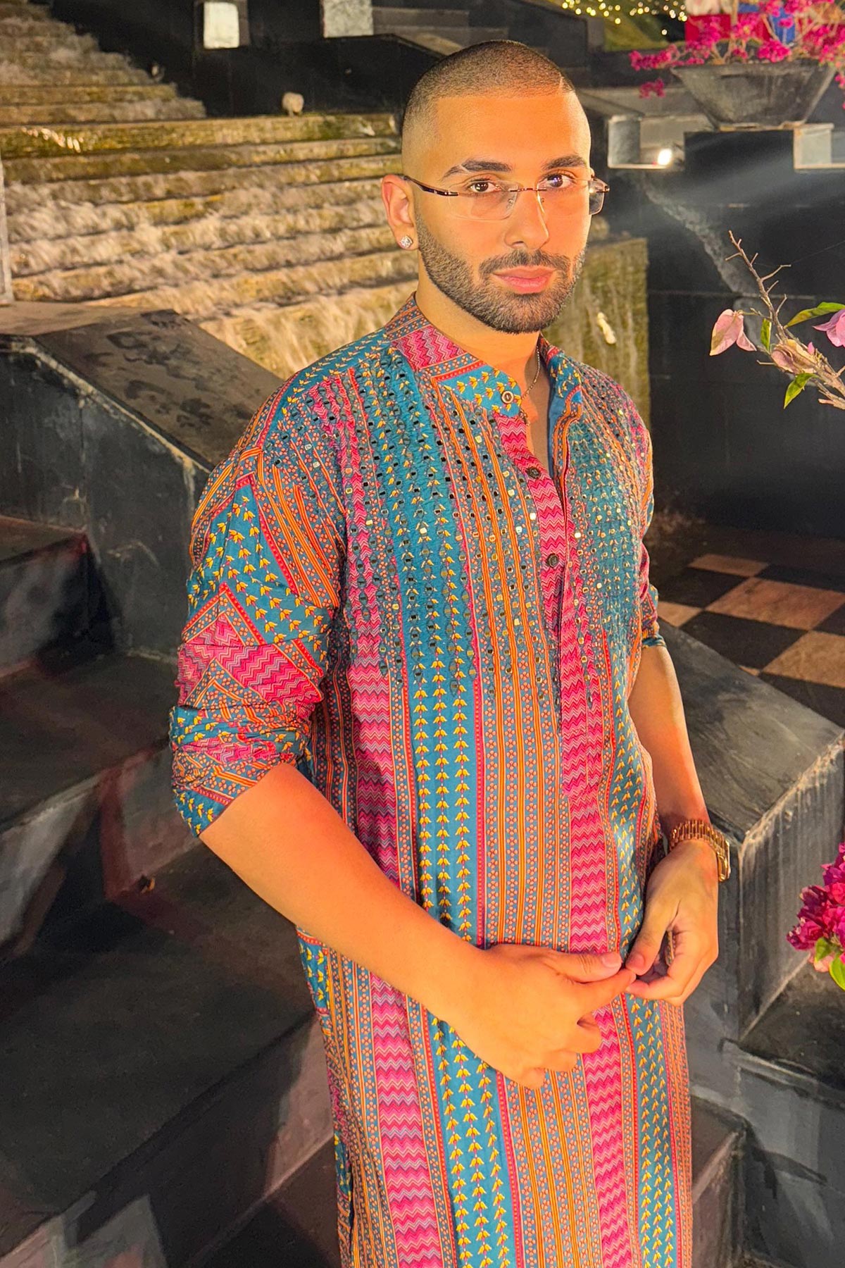 ORRY IN TEAL FUSCHIA STRIPE PRINT & EMBELLISHED KURTA WITH SOLID TEAL PANTS