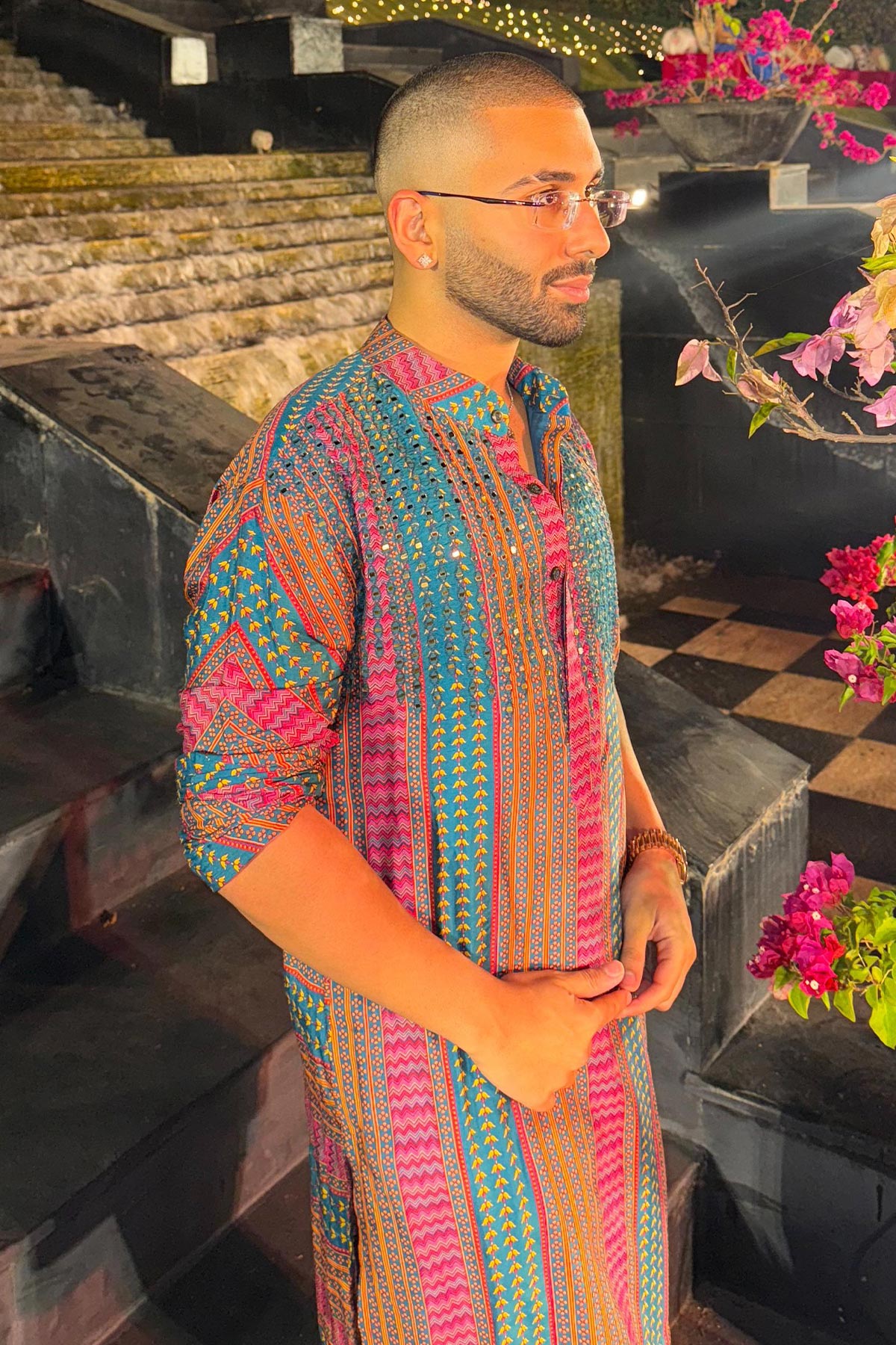 ORRY IN TEAL FUSCHIA STRIPE PRINT & EMBELLISHED KURTA WITH SOLID TEAL PANTS