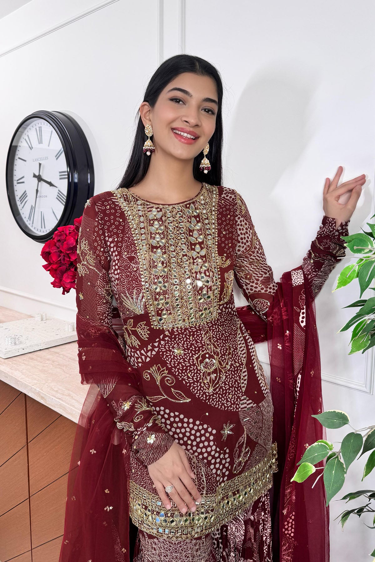 Hanna Khan in Maroon Print and Highlighted Kurti Set