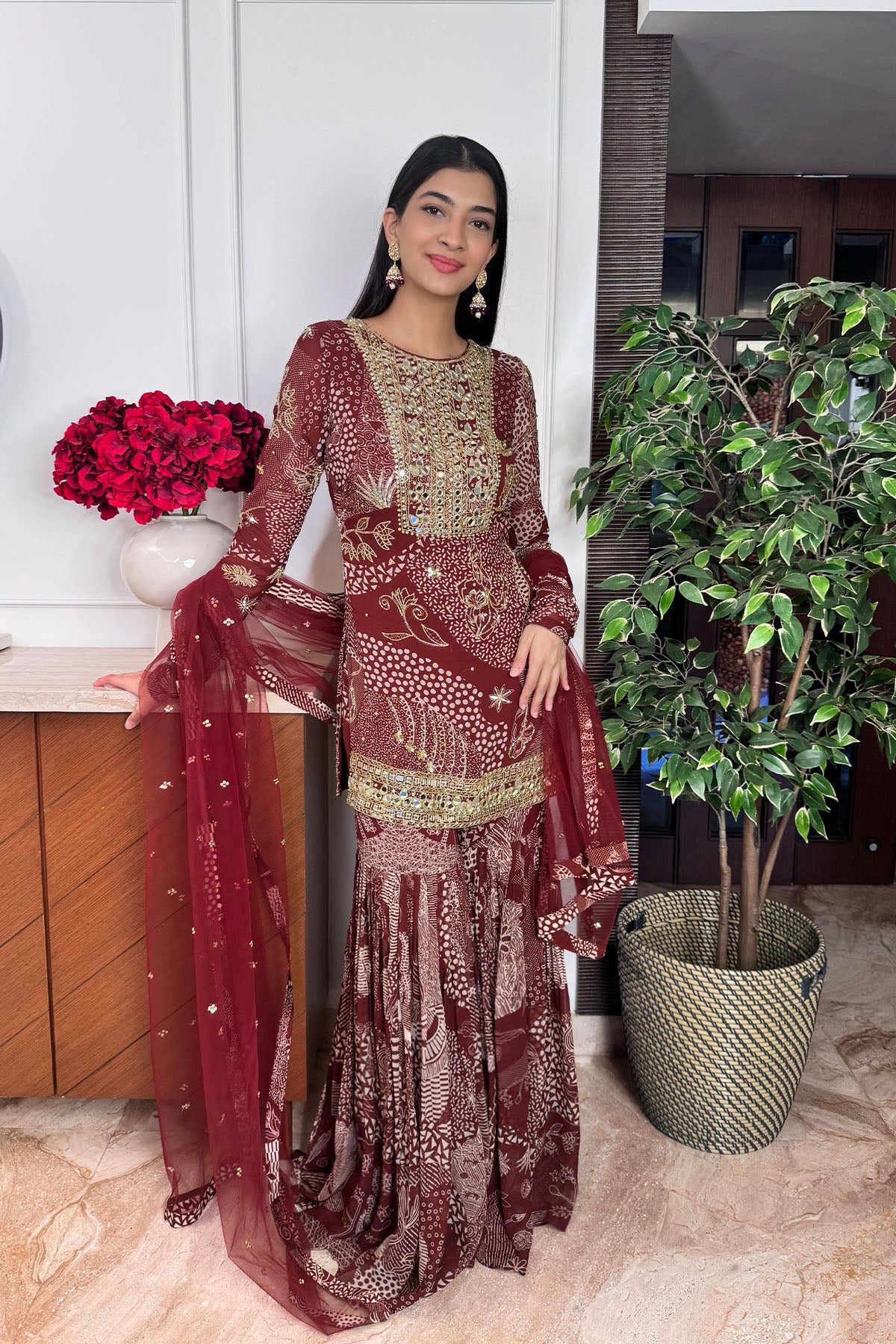 Hanna Khan in Maroon Print and Highlighted Kurti Set
