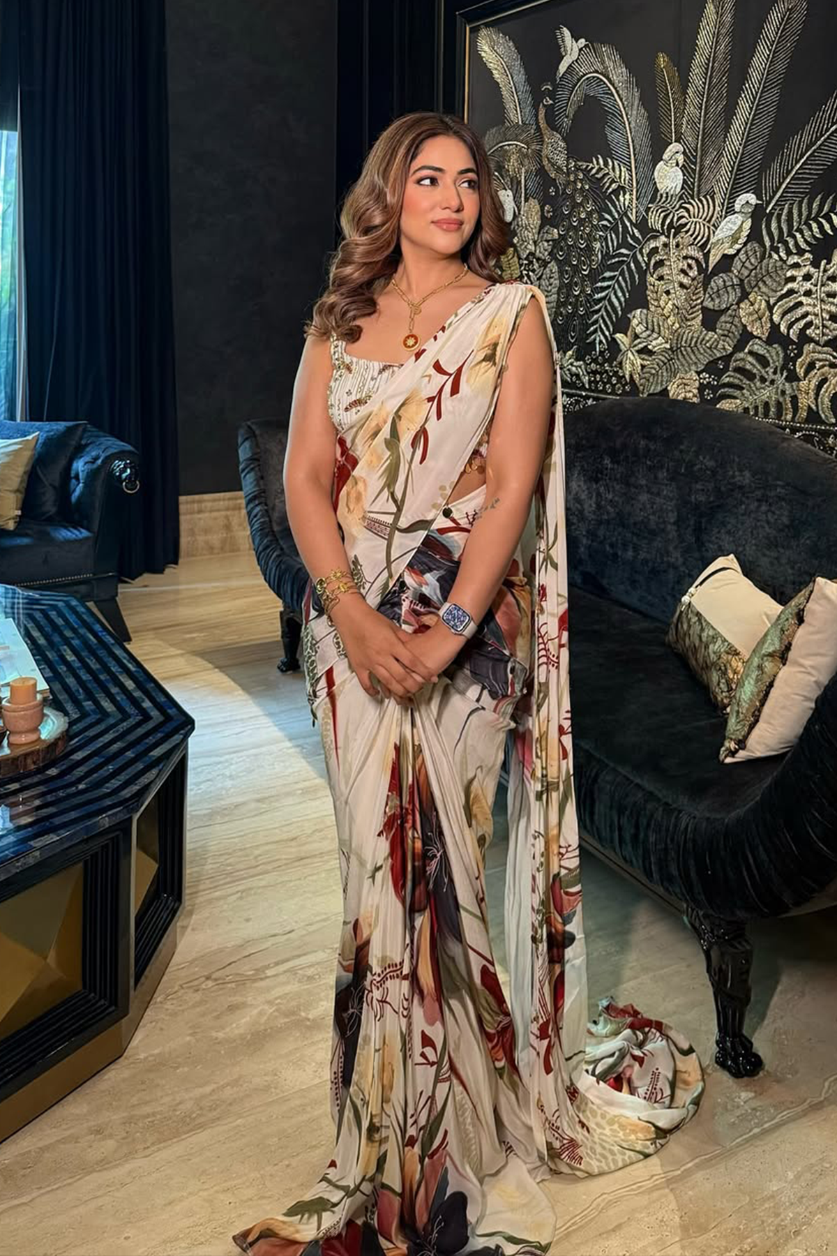 Anisha Sahni in Ivory Floral Print And Highlighted Skirt Saree Set