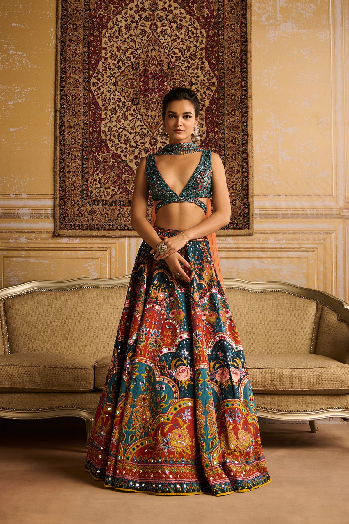 Teal embroidered blouse and Lehenga set