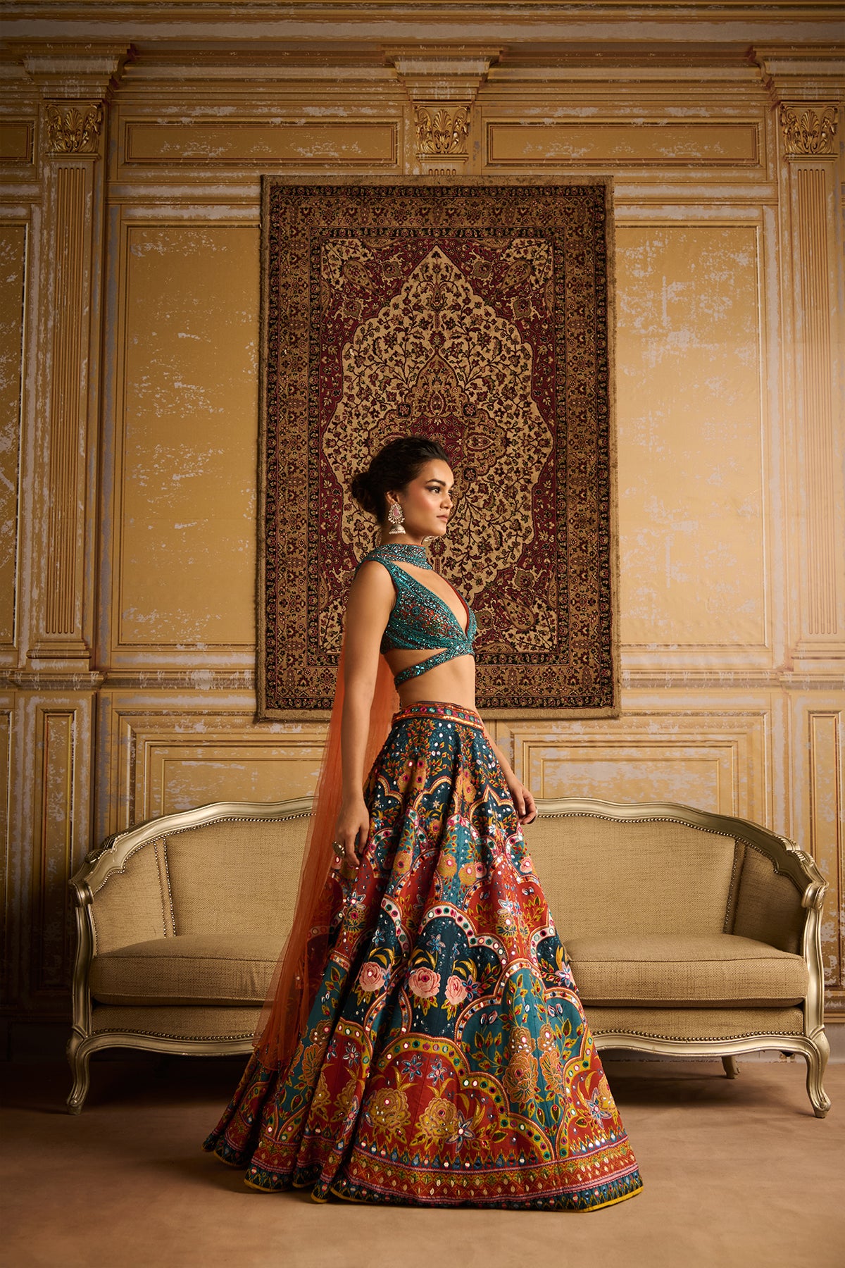 Teal embroidered blouse and Lehenga set