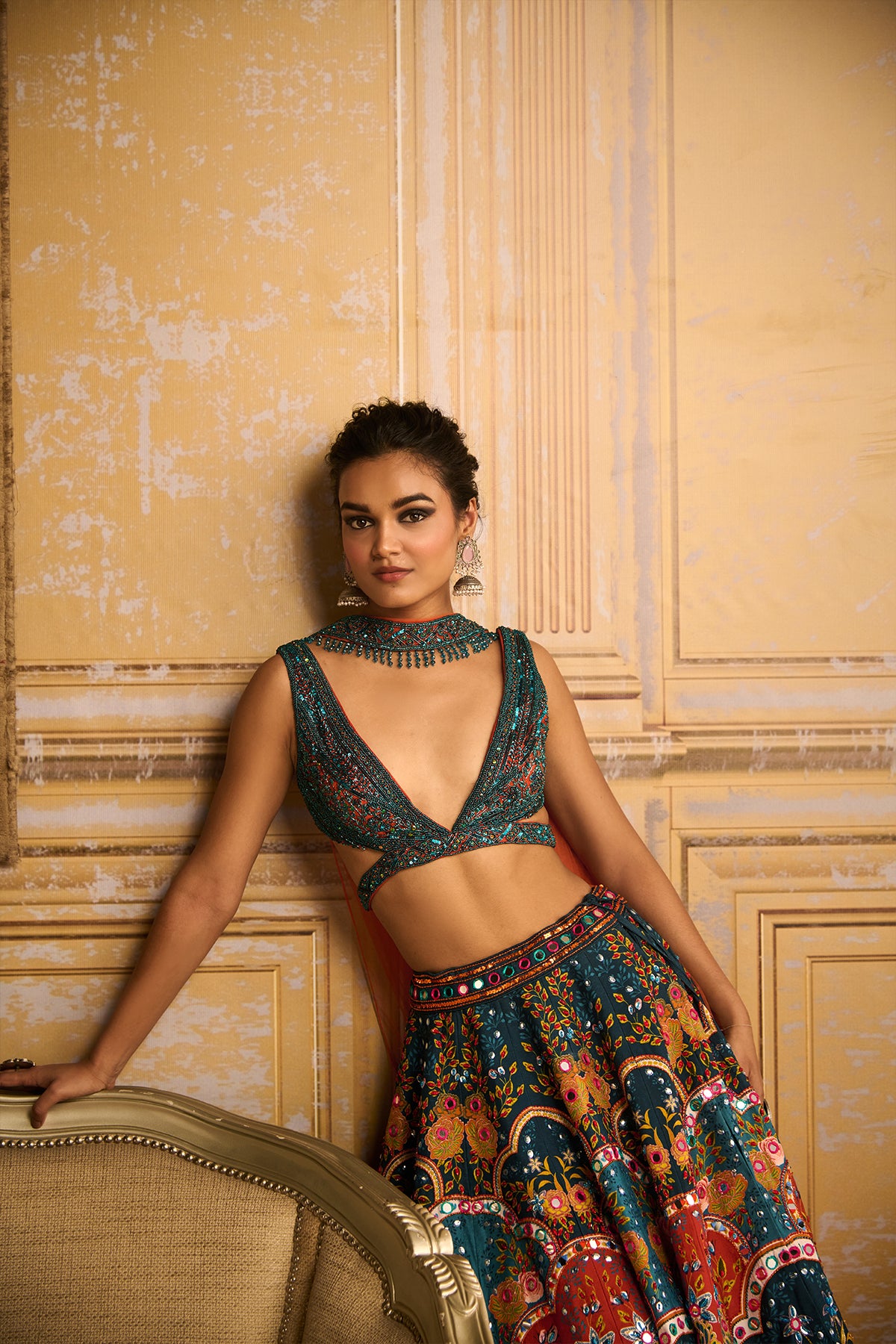 Teal embroidered blouse and Lehenga set