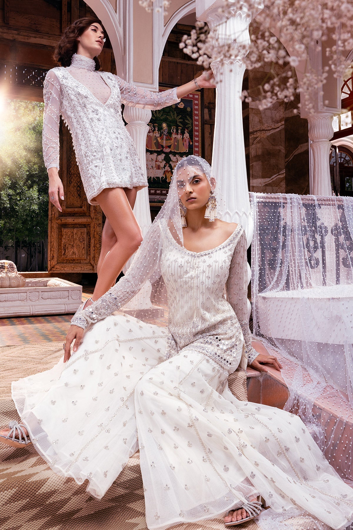 White With Silver Embroidered Blazer Set - RTS