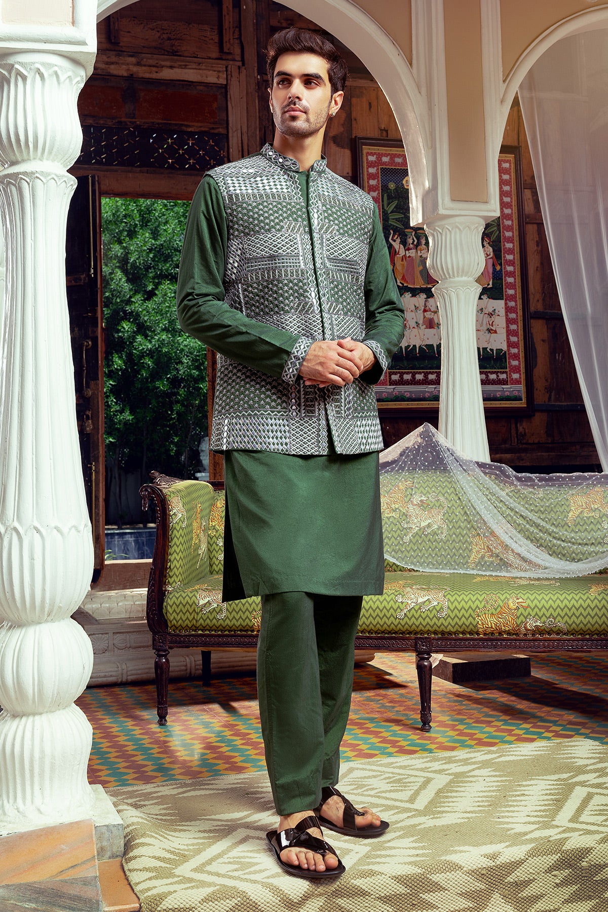 Olive Green Embroidered Kurta, Bundy & Pants