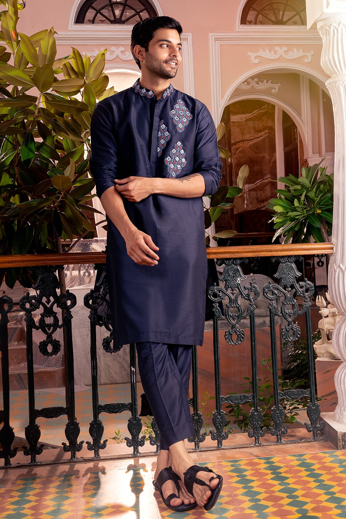 Dark Blue Embroidered Kurta, Bundy & Pants
