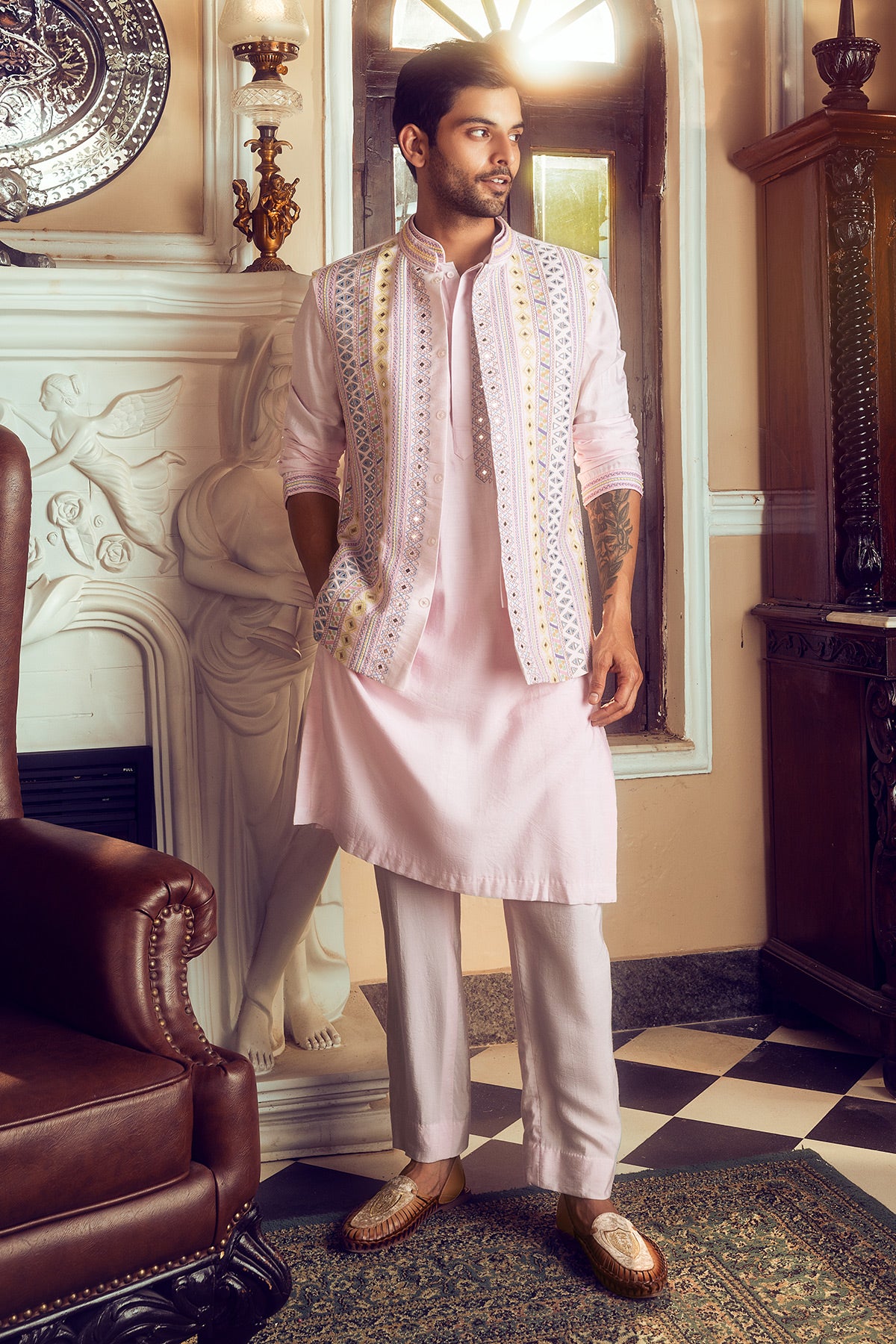 Blush Pink Embroidered Kurta, Bundy & Pants