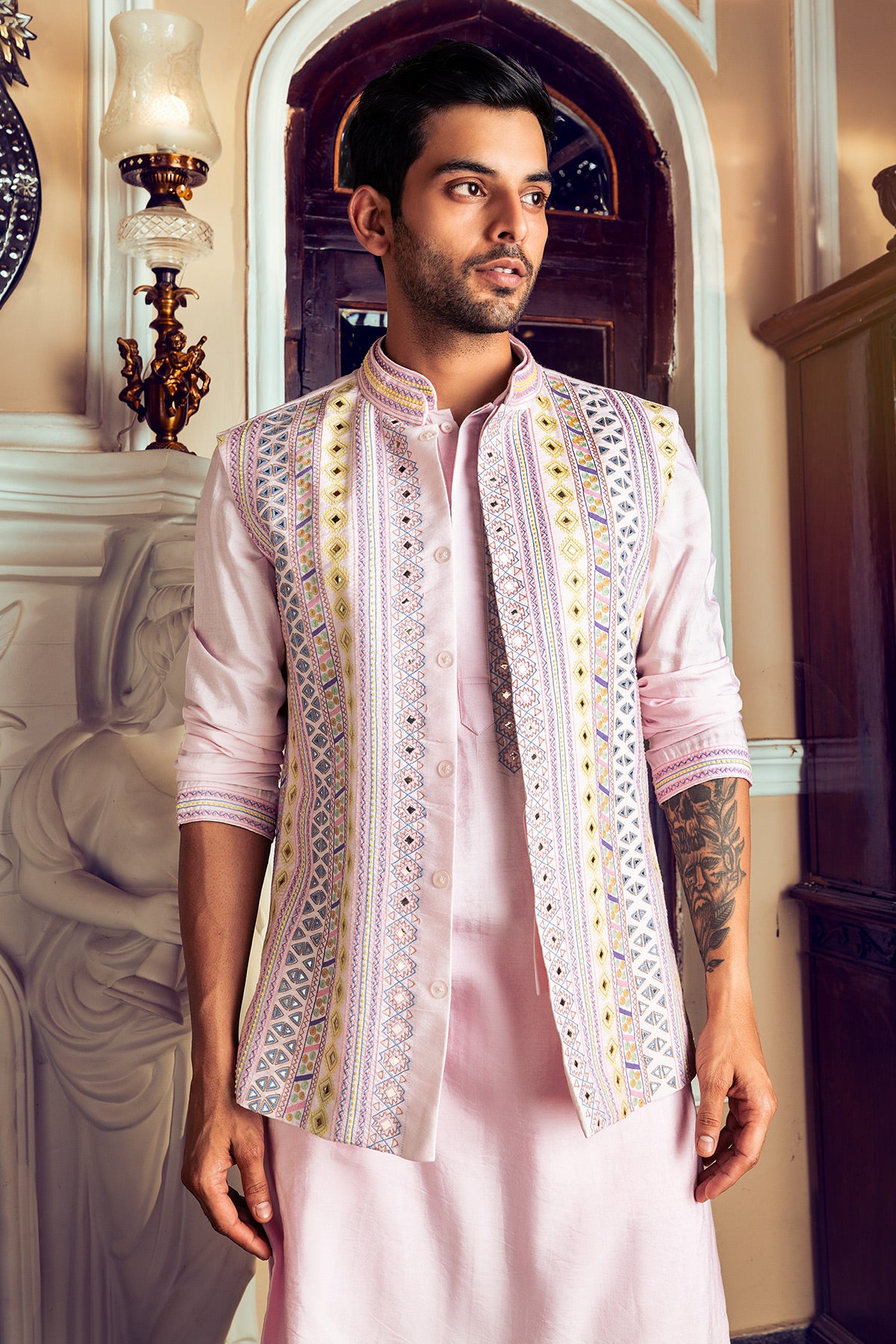 Blush Pink Embroidered Kurta, Bundy & Pants