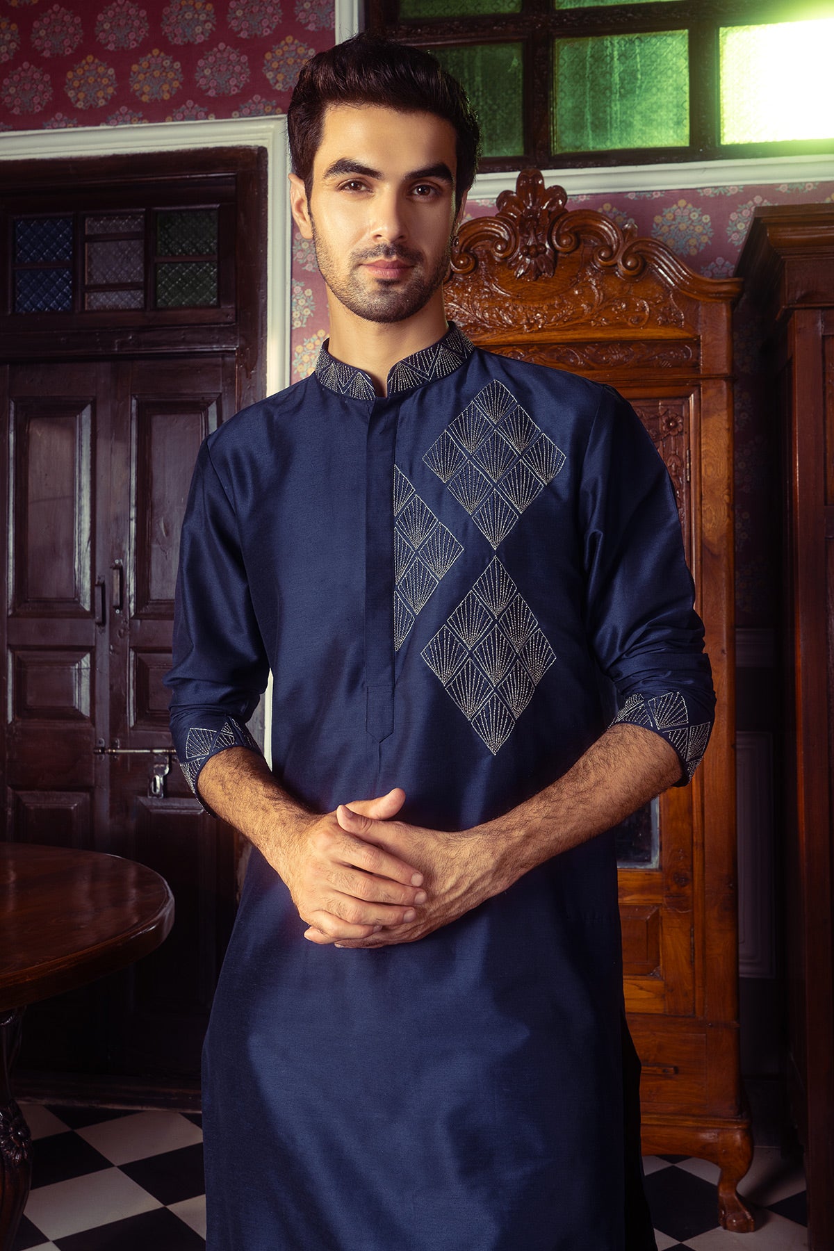 Dark Blue Embroidered Kurta, Bundy & Pants