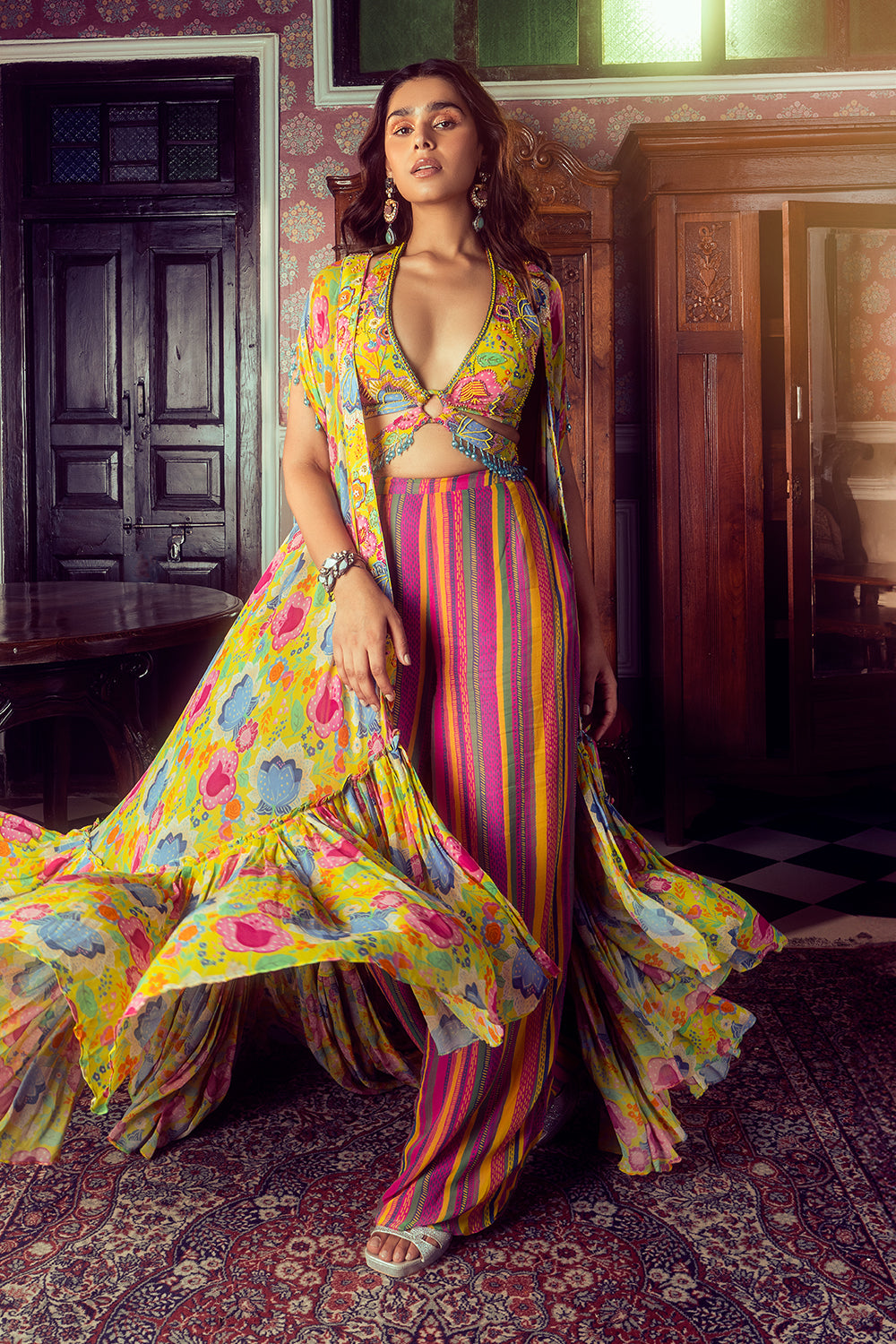 Yellow Print & Embroidered Cape Set