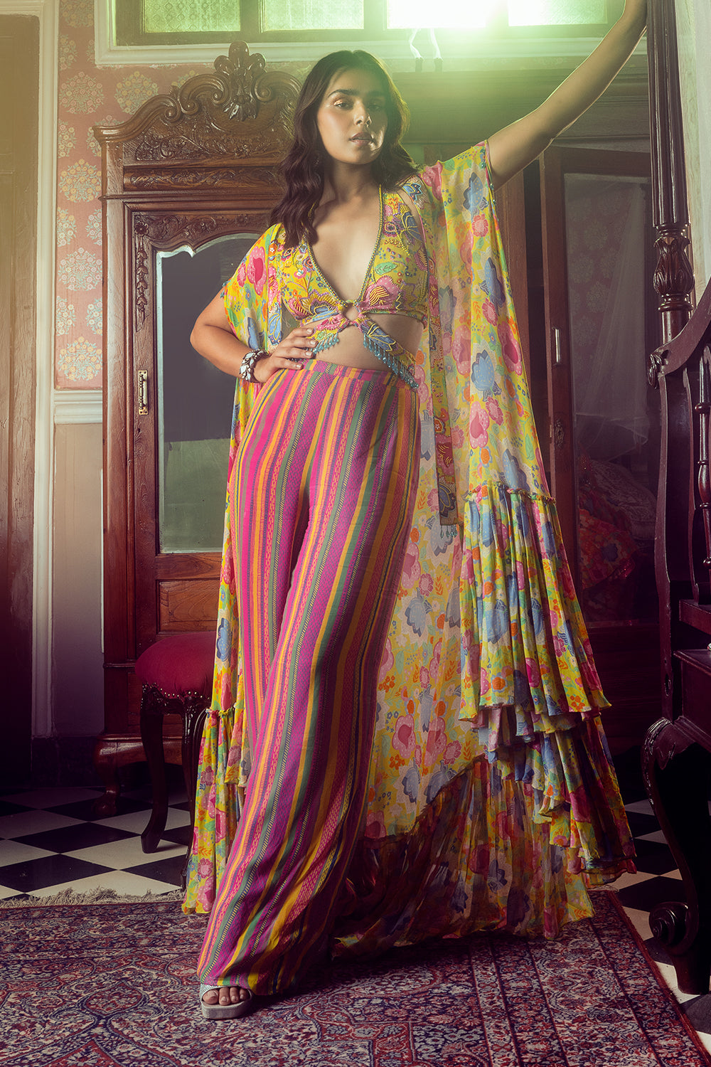 Yellow Print & Embroidered Cape Set