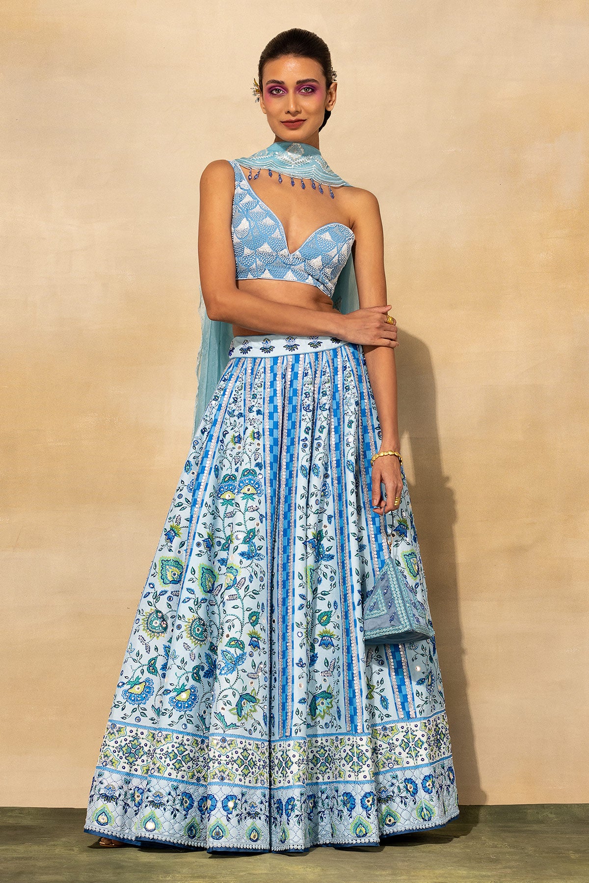 POWDER BLUE SELF ON SELF PRINT & EMBROIDERED LEHENGA SET