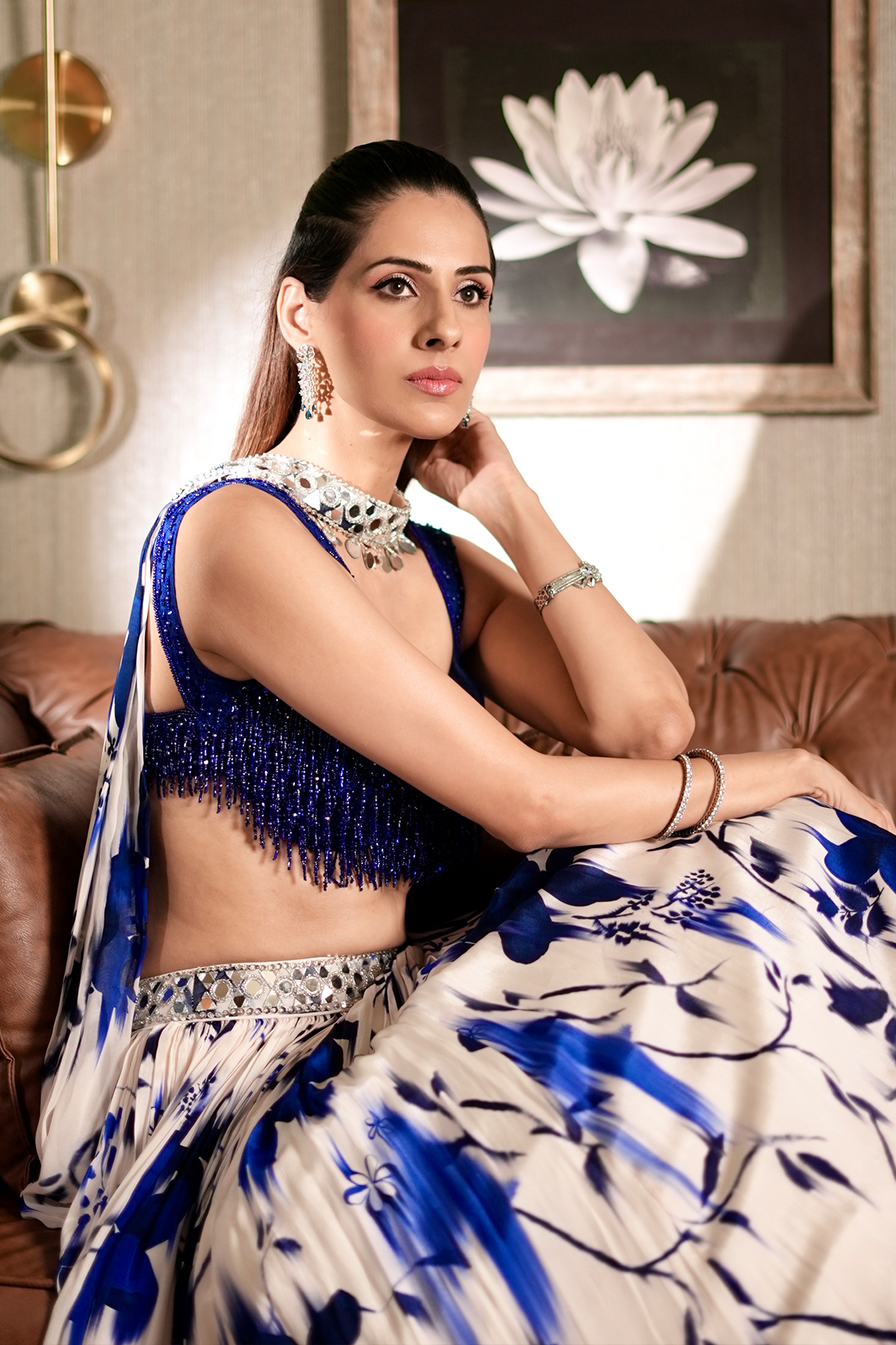Shruti in Ivory & Blue Floral Printed Lehenga Set