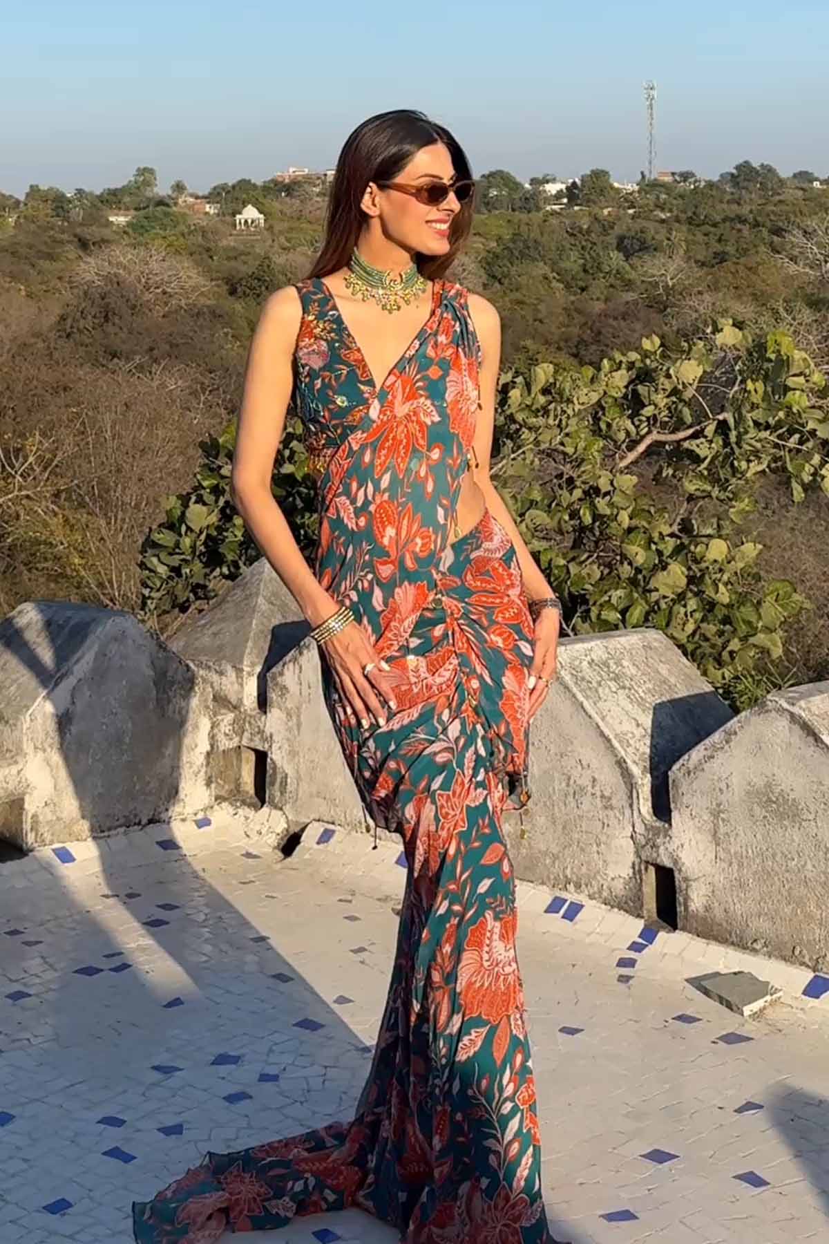 SHRUTI JUNEJA IN TEAL & RUST FLORAL PRINTED SAREE SET