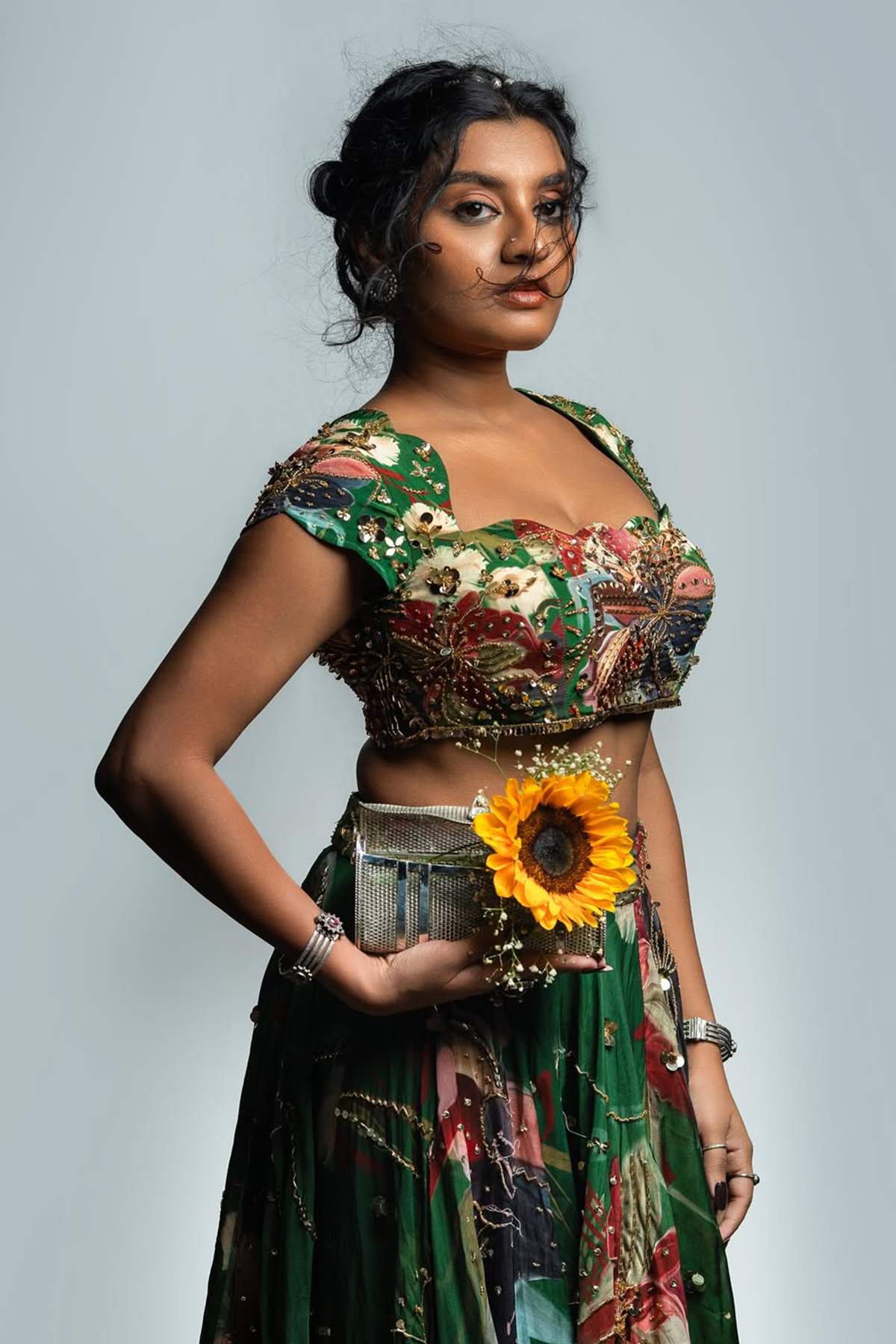 Tasha in Green Floral Print And Highlighted Lehenga Set