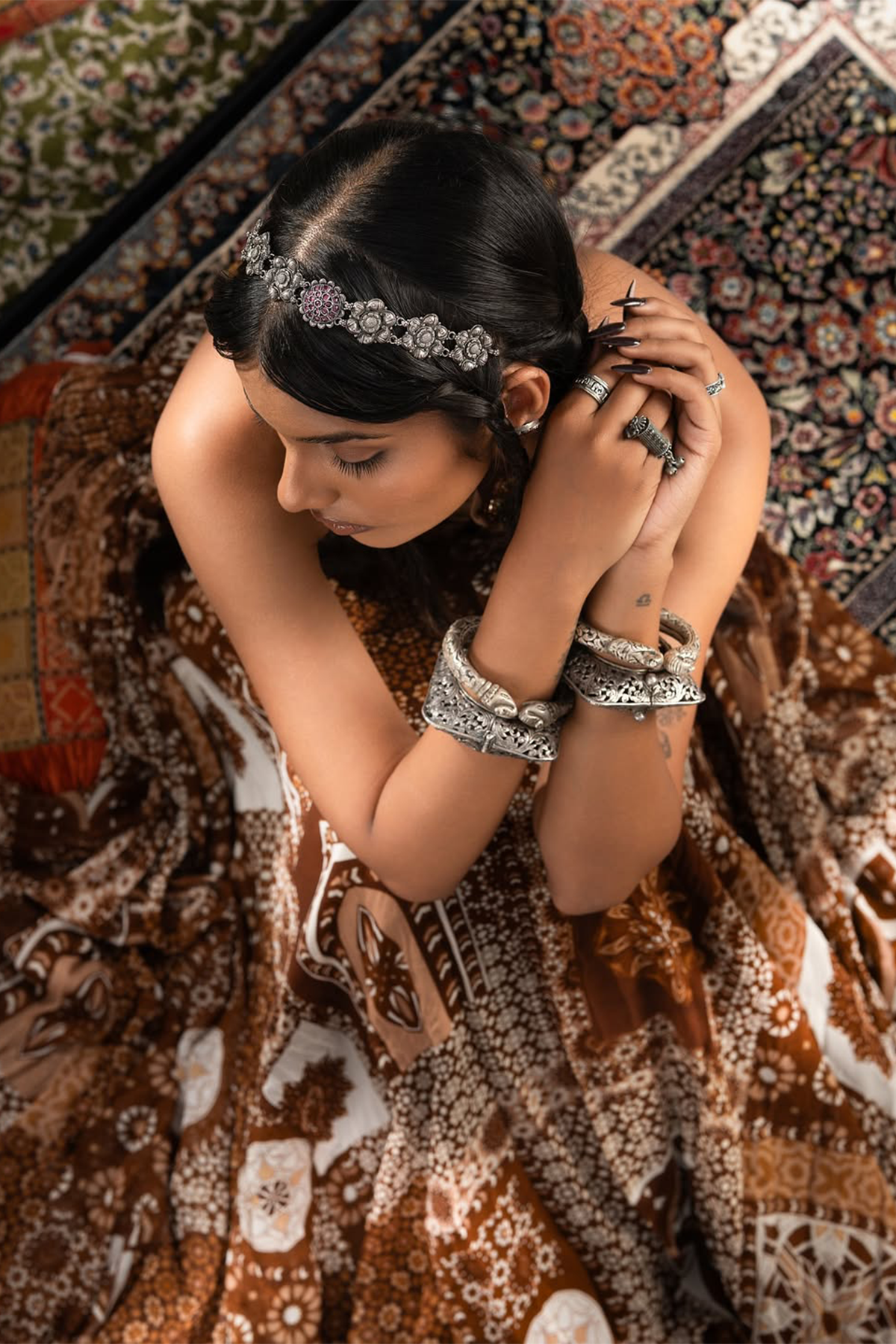 Aloisrai in Caramel Embroidered Halter Blouse With Printed Lehenga Set