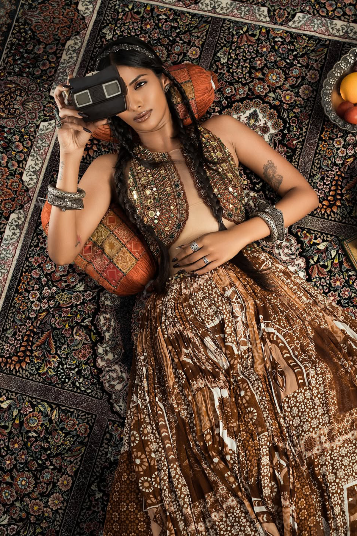 Aloisrai in Caramel Embroidered Halter Blouse With Printed Lehenga Set