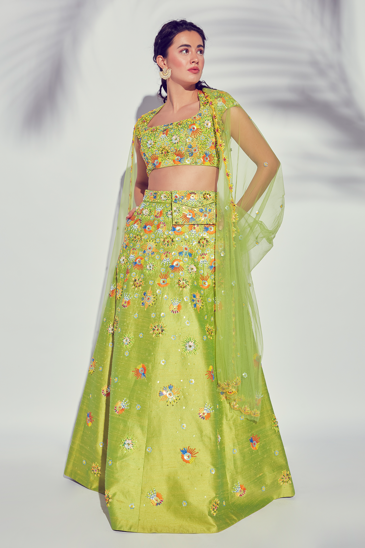 Lime Green 3D Embroidered Multicolour Lehenga Set With Embroidered Dupatta & Embroidered Bag Belt