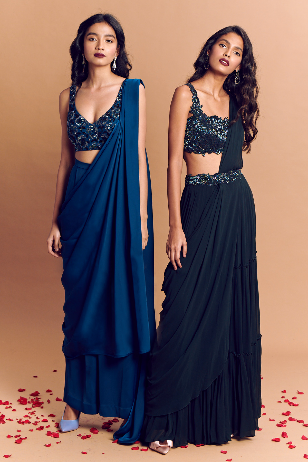 DARK GREEN TIERED SKIRT SAREE WITH ROSE EMBROIDERED BLOUSE