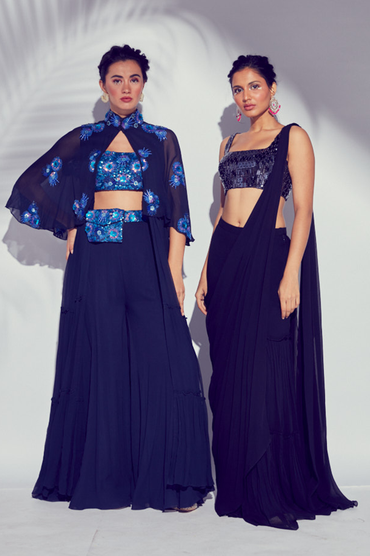 Navy Blue 3D Embroidered Self on Self Tiered Cape With Embroidered Blouse & Sharara