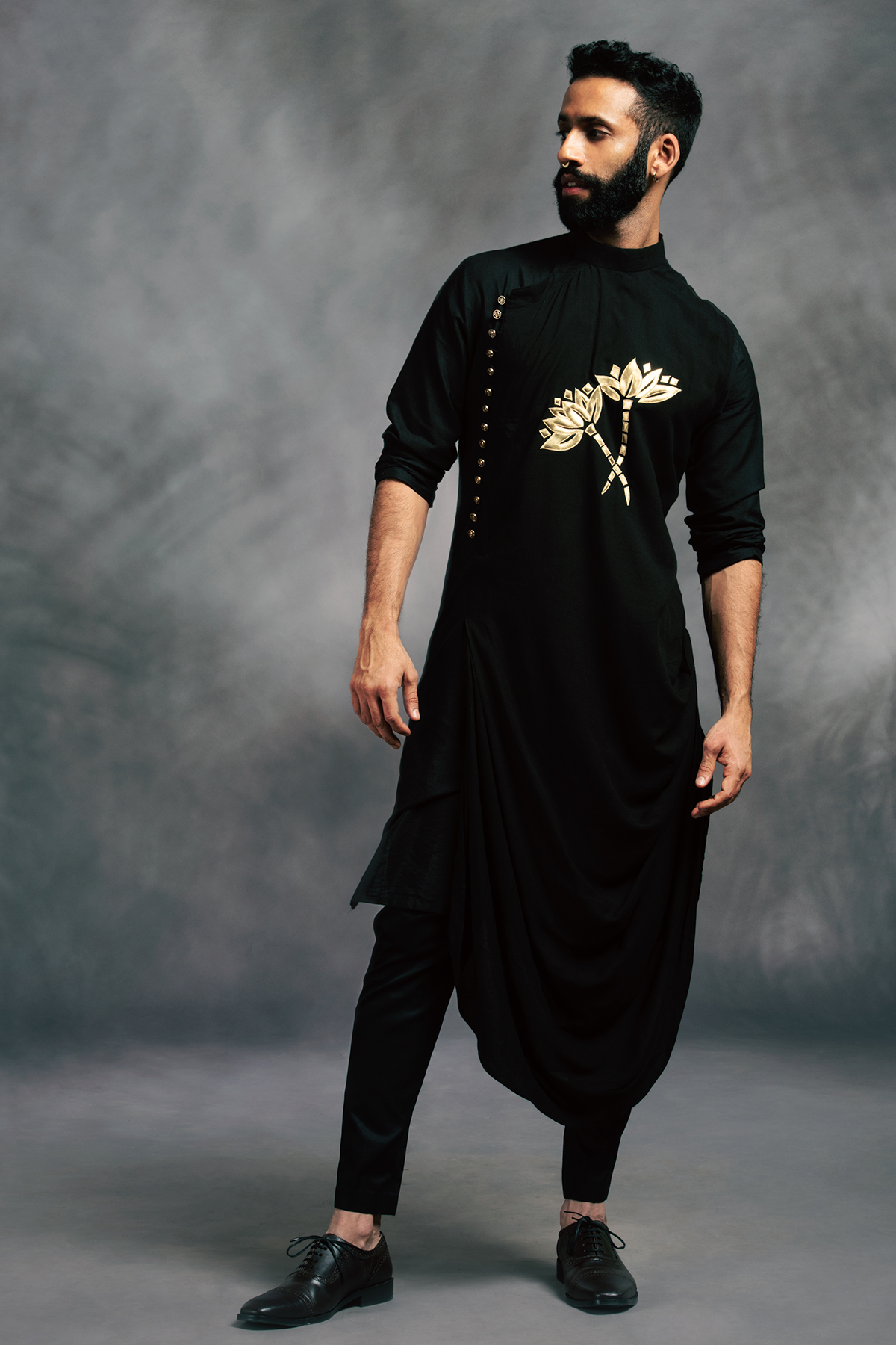 Black Lotus Embroidered Long Drape Kurta