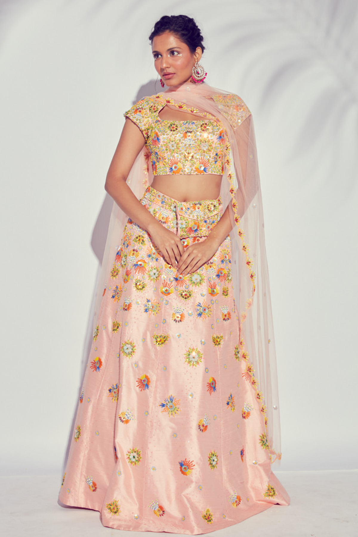 Peach 3D Embroidered Multicolour Lehenga Set With Embroidered Dupatta & Embroidered Bag Belt