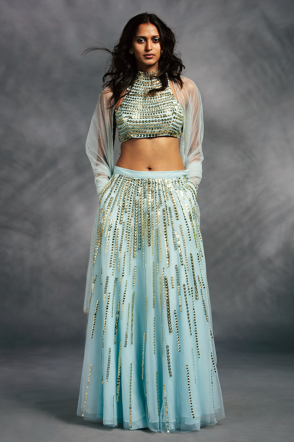 Powder Blue Raindrop Embroidered Lehenga With Embroidered High Neck Blouse & Dupatta