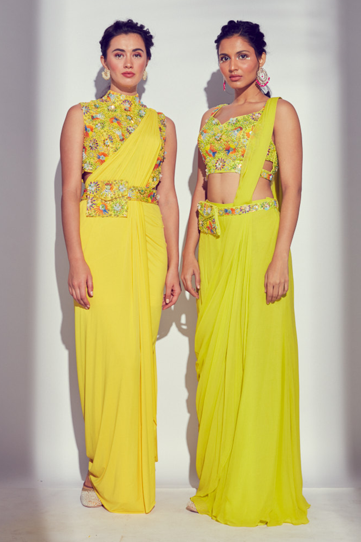 YELLOW 3D MULTICOLOUR EMBROIDERED PRESTICHED LYCRA SKIRT SAREE WITH EMBROIDERED BAG BELT