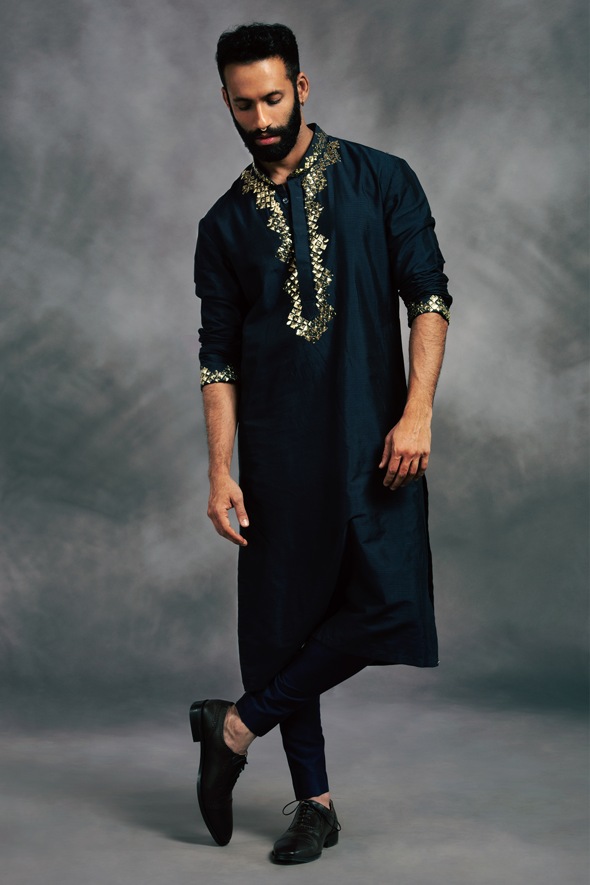 Navy Blue 3D Embroidered Kurta