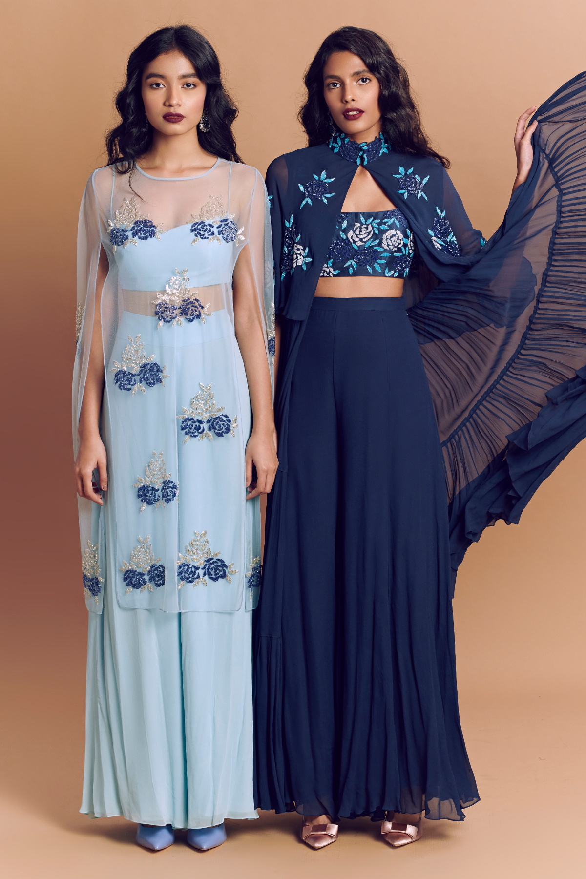 Powder Blue Silver Embroidered Cape With Powder Blue Pant & Bustier