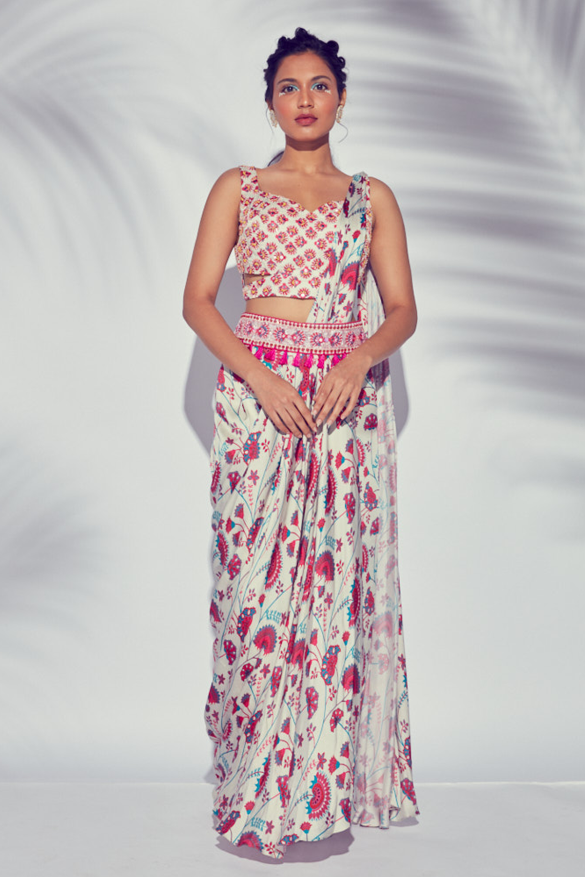 Pink Jaal Printed Pant Saree With Butta Embroidered Blouse & Embroidered Tassel Belt